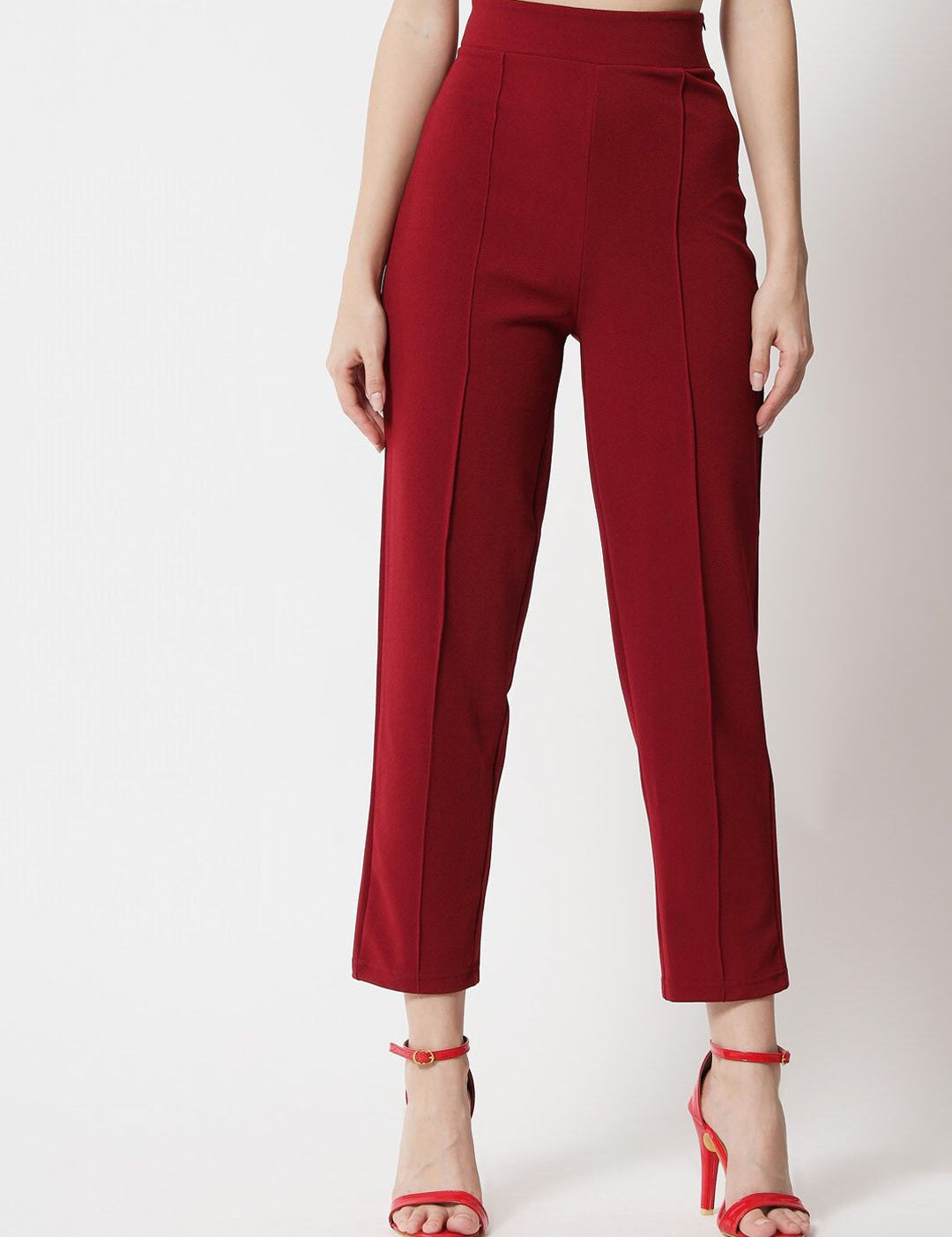 Kotty Women Maroon Cropped Relaxed Straight Fit High-Rise Easy Wash Pleated Trousers