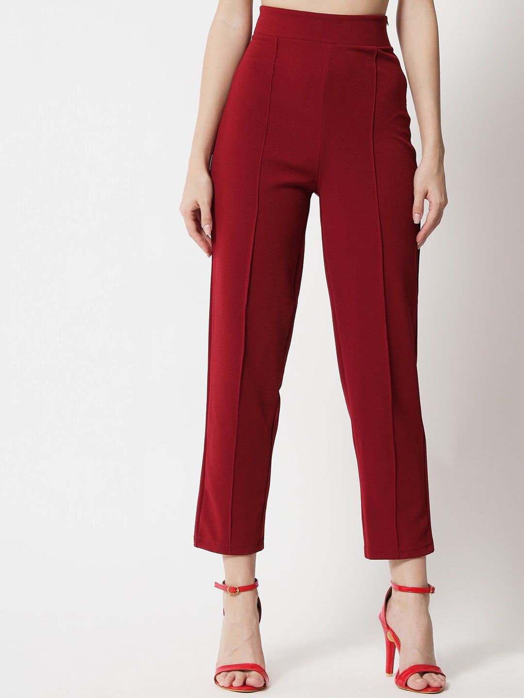 Kotty Women Maroon Cropped Relaxed Straight Fit High-Rise Easy Wash Pleated Trousers