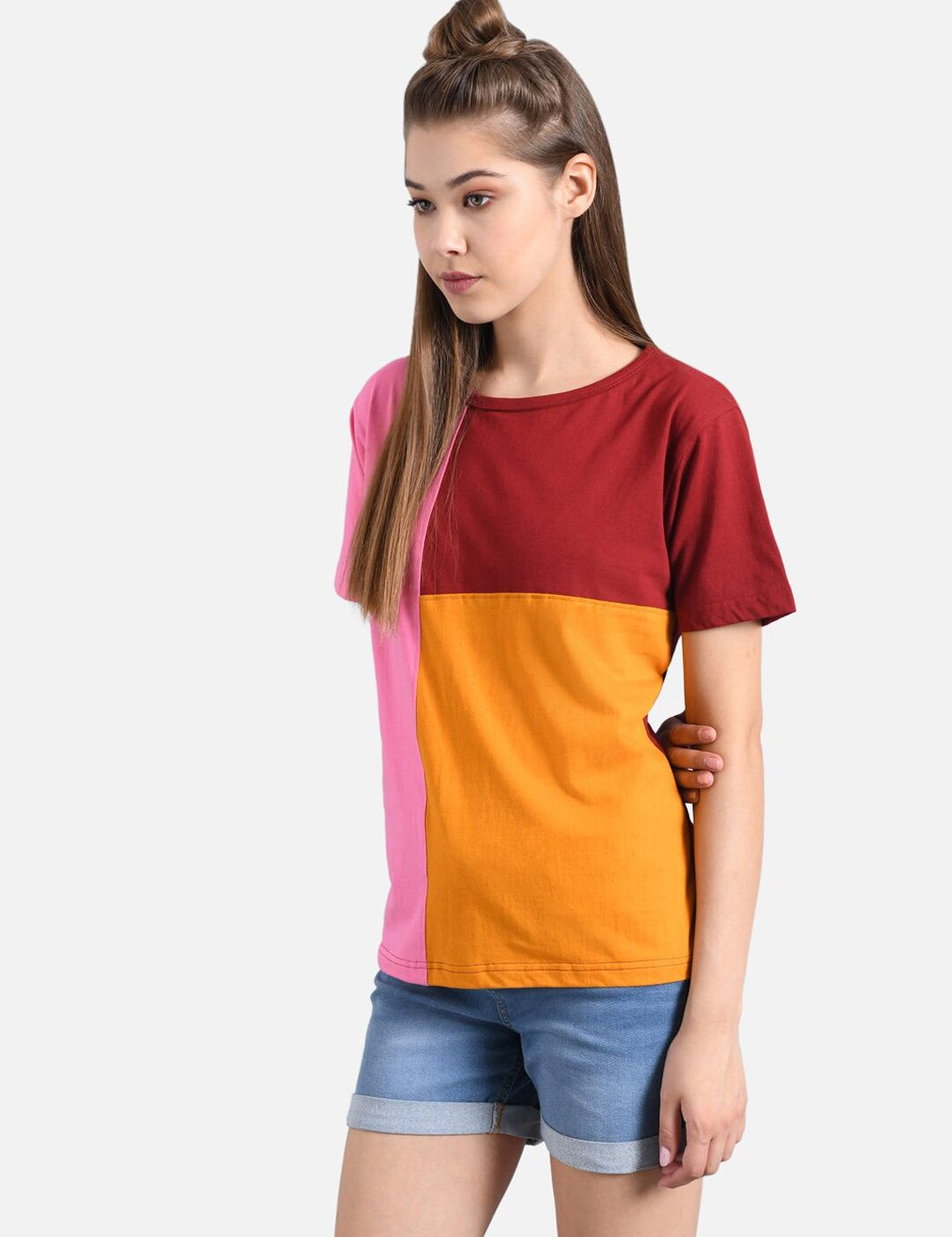 Kotty Women Red & Pink Colourblocked Round Neck T-shirt