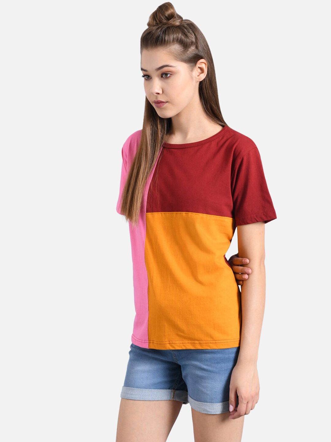 Kotty Women Red & Pink Colourblocked Round Neck T-shirt