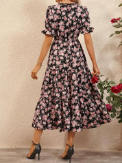 Kotty Black & Pink Floral Printed Puffed Sleeves Tiered Fit & Flare Midi Dress