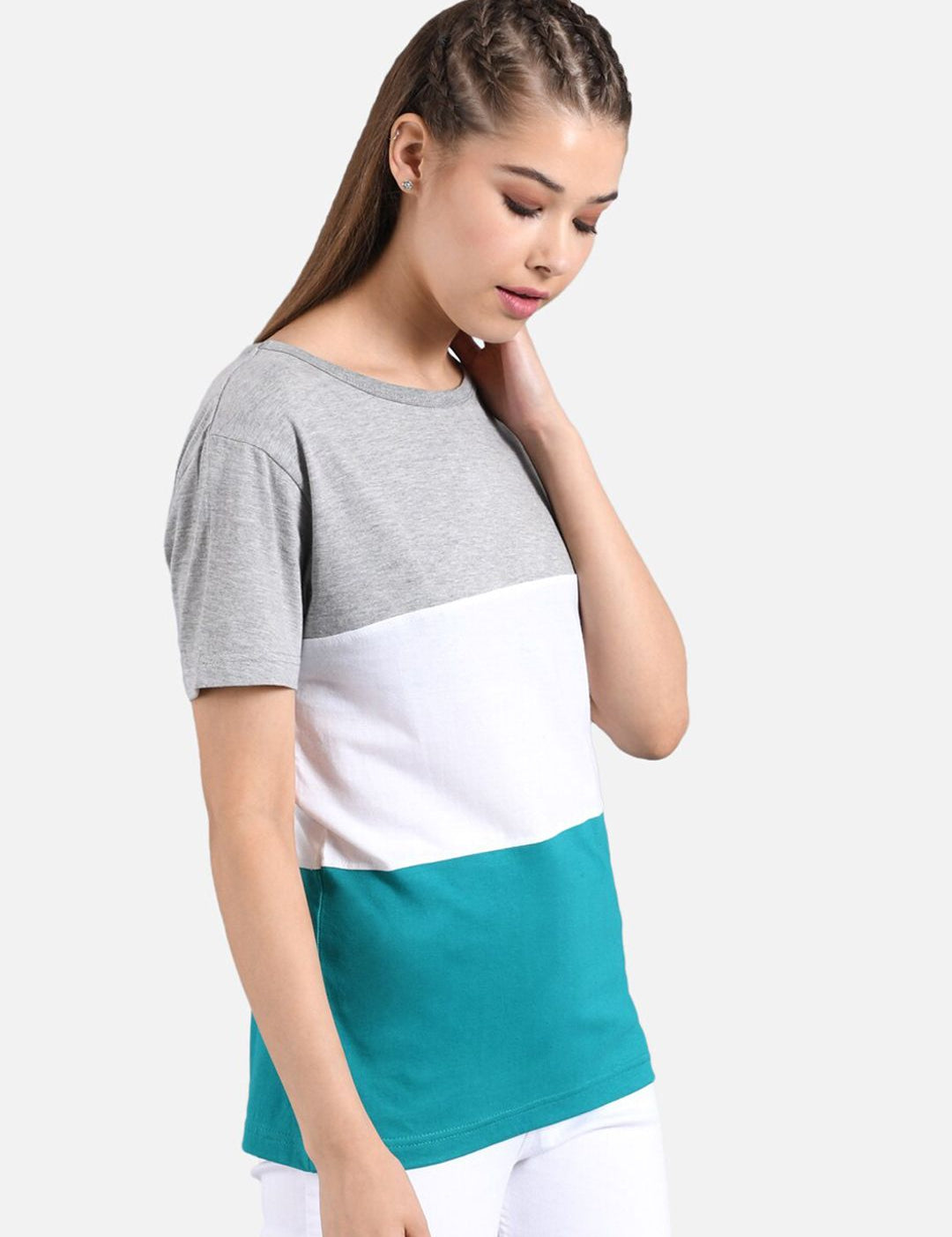 Kotty Women Grey Colourblocked Round Neck T-shirt