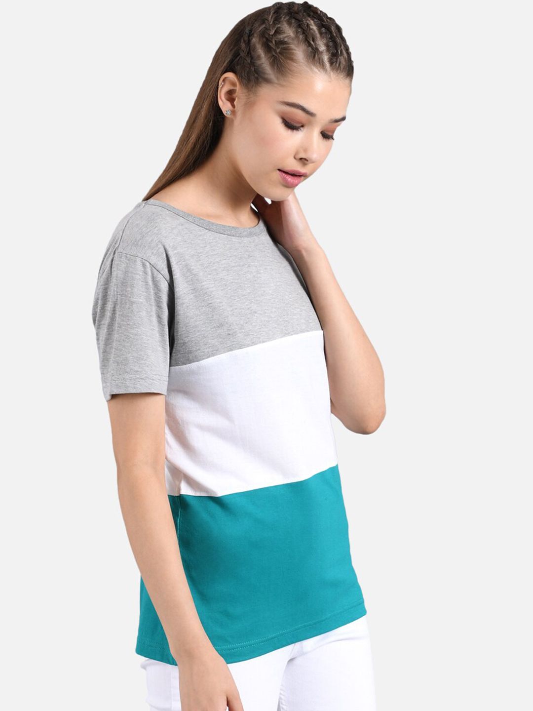 Kotty Women Grey Colourblocked Round Neck T-shirt