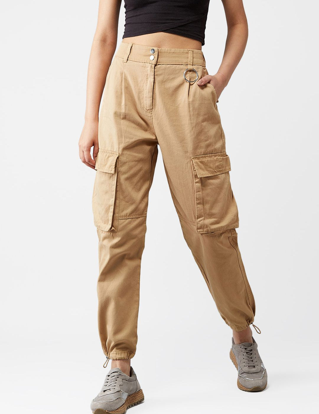 Kotty Women Beige Boyfriend Fit Solid Cargos