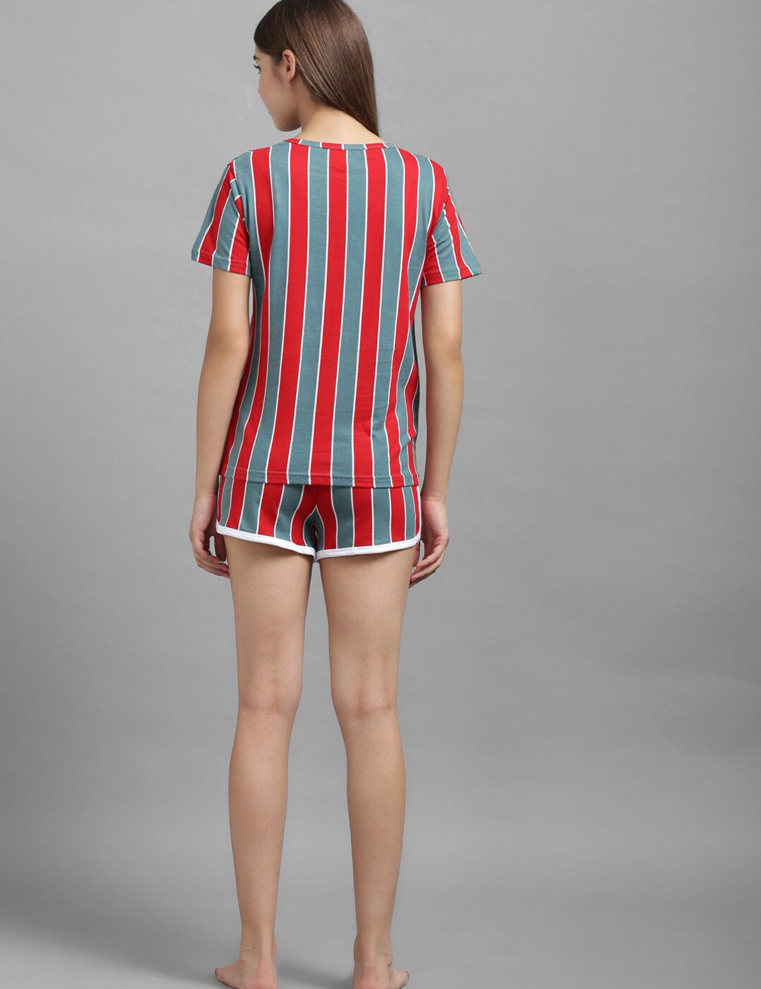 Kotty Women Grey & Red Striped Night Suit