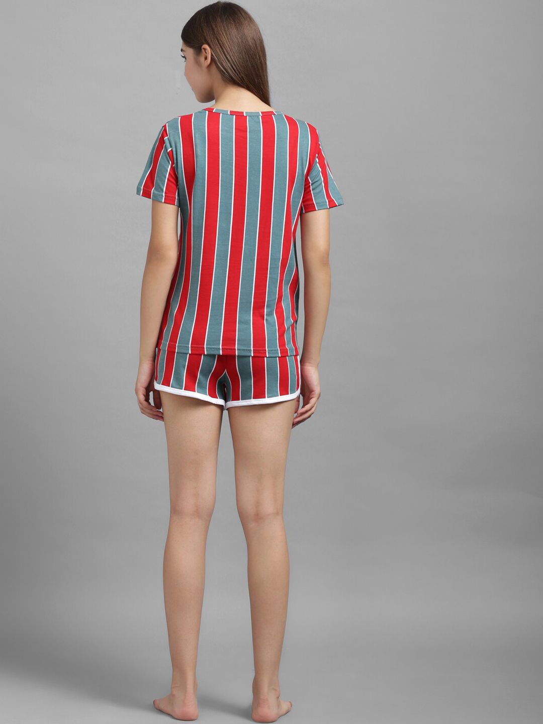 Kotty Women Grey & Red Striped Night Suit