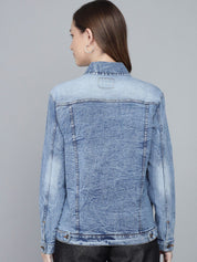 Kotty Women Blue Washed Lightweight Denim Jacket with Patchwork