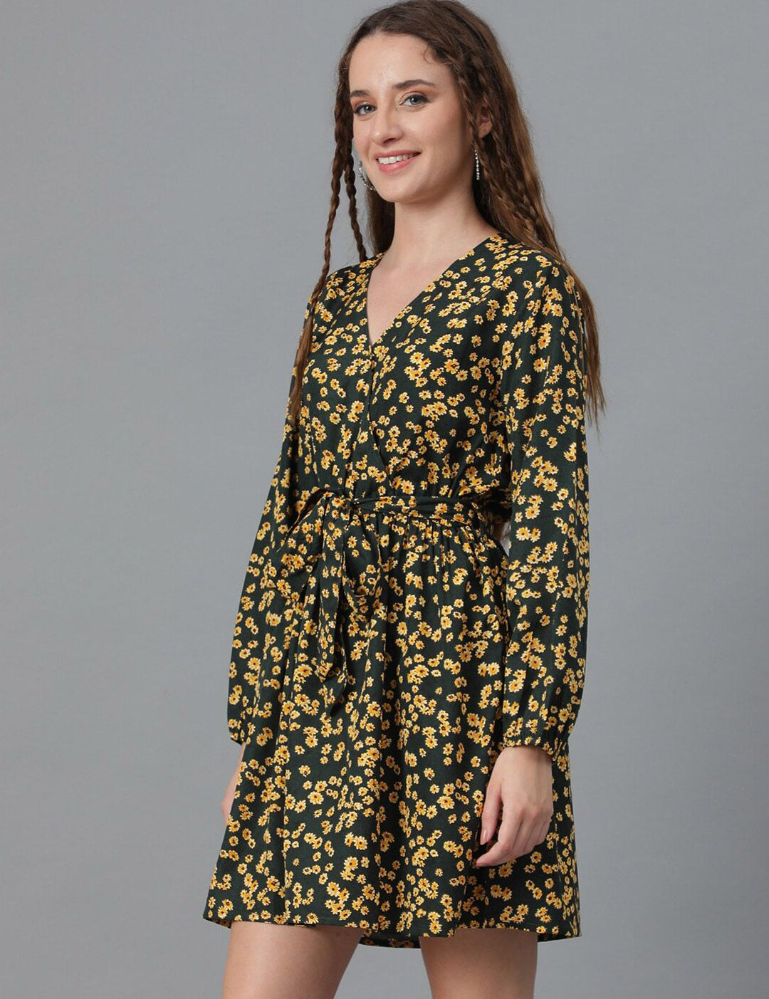 Kotty Black & Black Floral Printed V-Neck Long Sleeves Fit & Flare Dress