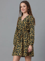 Kotty Black & Black Floral Printed V-Neck Long Sleeves Fit & Flare Dress
