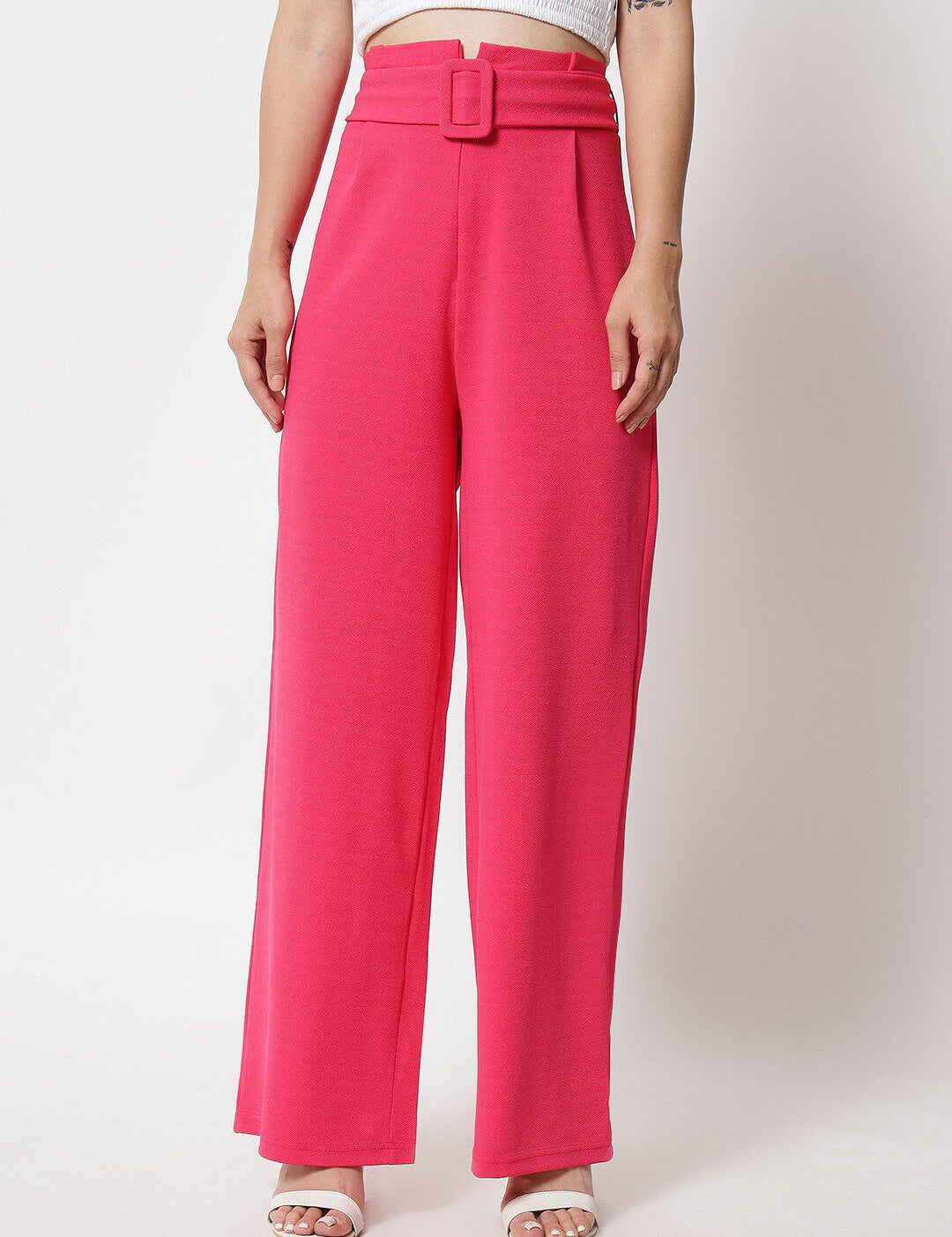 KOTTY BIZwear Women Pink Relaxed Straight Fit High-Rise Easy Wash Trousers