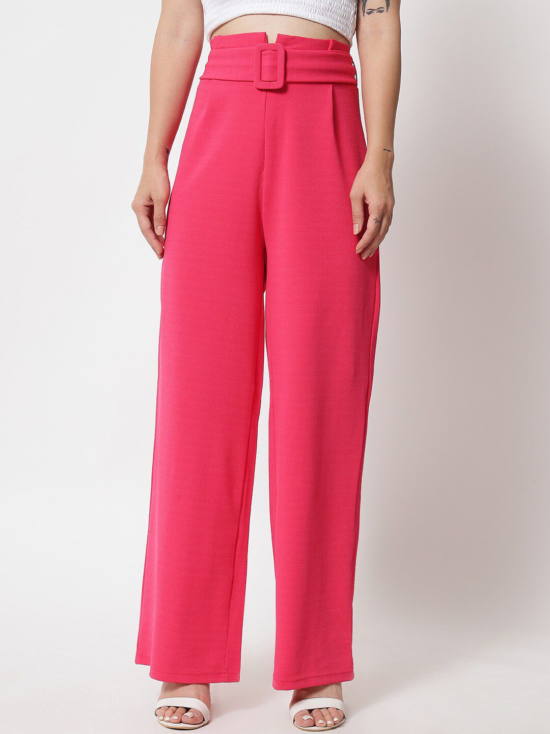 KOTTY BIZwear Women Pink Relaxed Straight Fit High-Rise Easy Wash Trousers