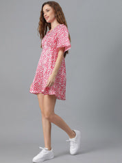 Kotty White & Red Animal Printed V Neck Flared Sleeves Crepe A Line Mini Dress