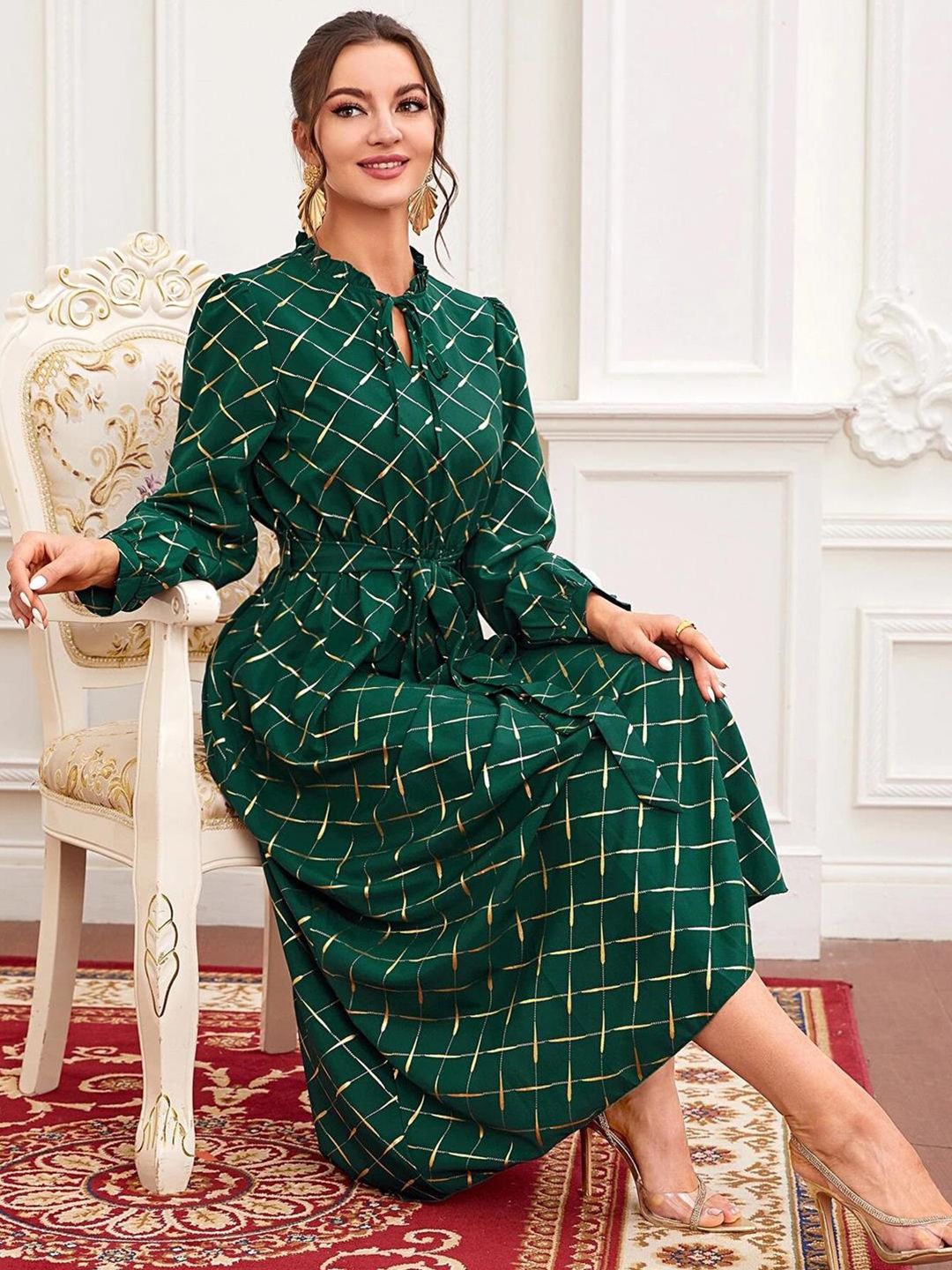 Kotty Green Checked Puff Sleeve Fit & Flare Midi Dress