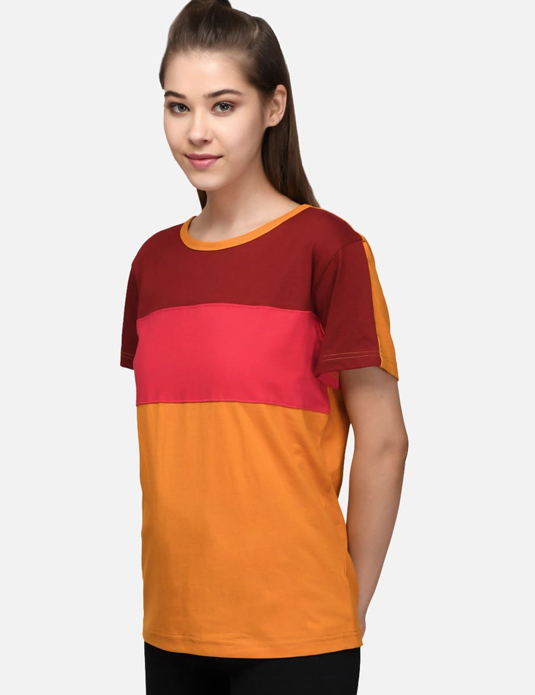 Kotty Women Maroon & Yellow Colourblocked Round Neck T-shirt