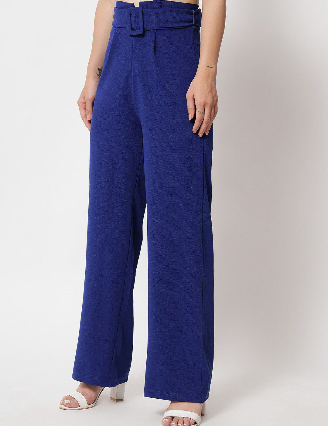KOTTY BIZwear Women Blue Relaxed Straight Fit High-Rise Easy Wash Pleated Trousers