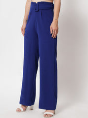 KOTTY BIZwear Women Blue Relaxed Straight Fit High-Rise Easy Wash Pleated Trousers