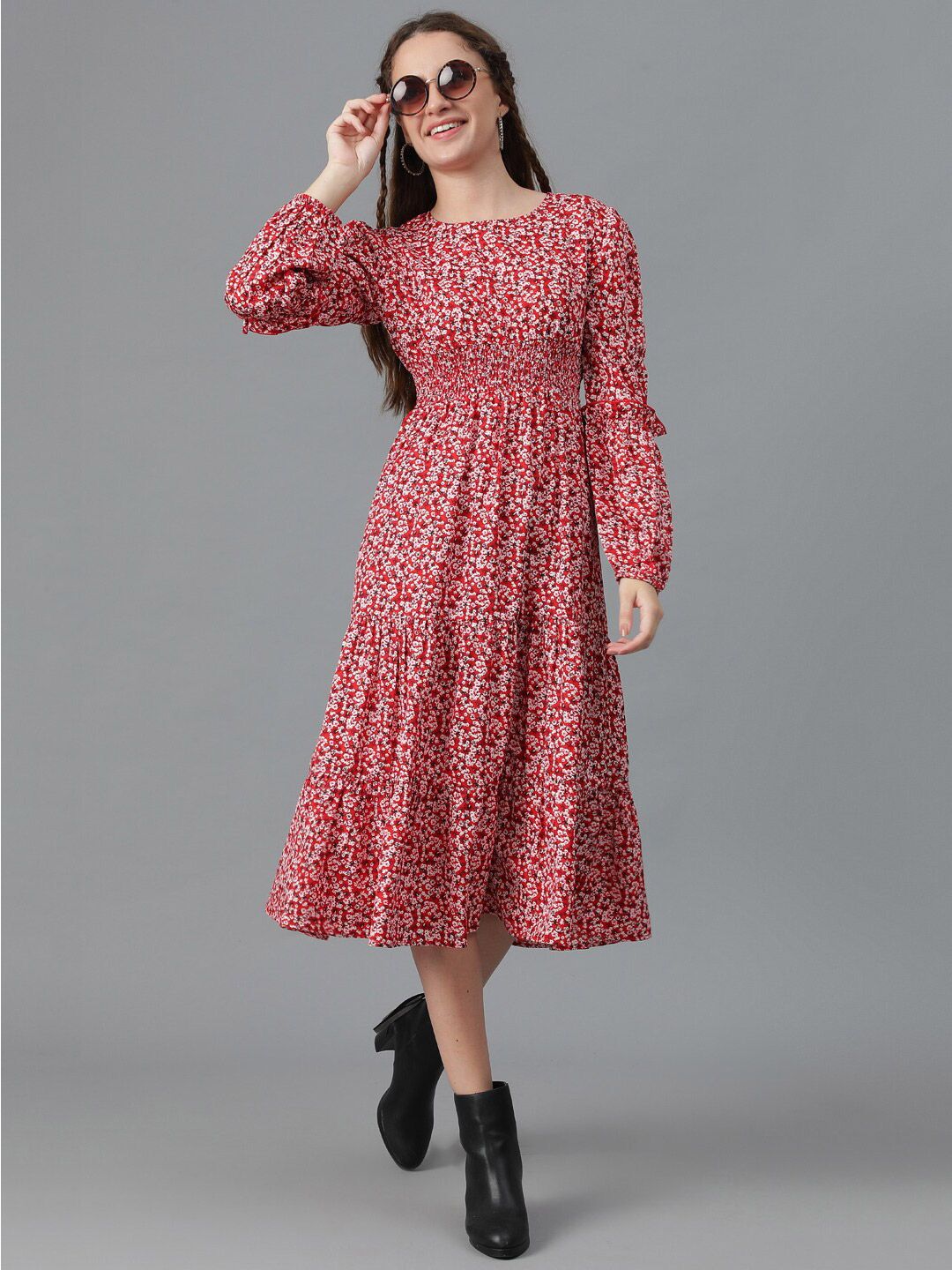 Kotty Red Floral Print Puff Sleeve Fit & Flare Midi Dress