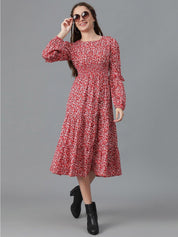 Kotty Red Floral Print Puff Sleeve Fit & Flare Midi Dress