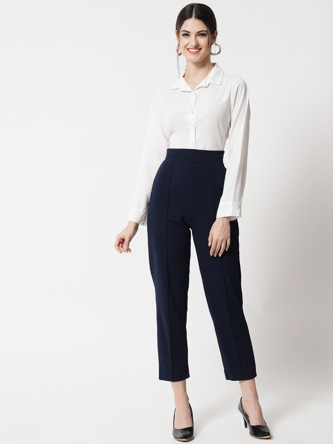 Kotty Women Navy Blue Relaxed Straight Fit High-Rise Easy Wash Trouser