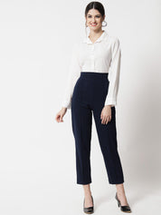 Kotty Women Navy Blue Relaxed Straight Fit High-Rise Easy Wash Trouser