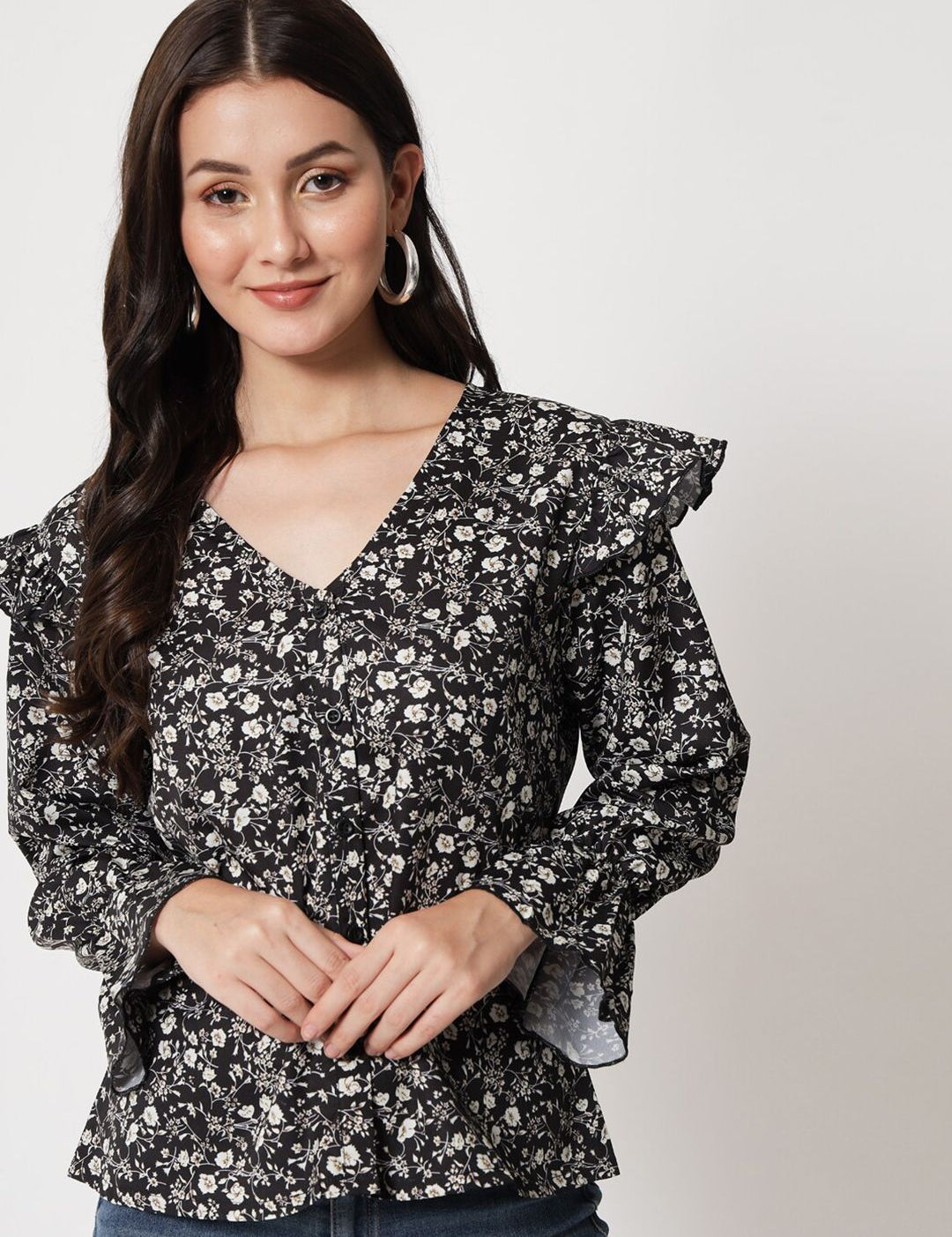Kotty Floral Print Bell Sleeve Ruffles Crepe Top