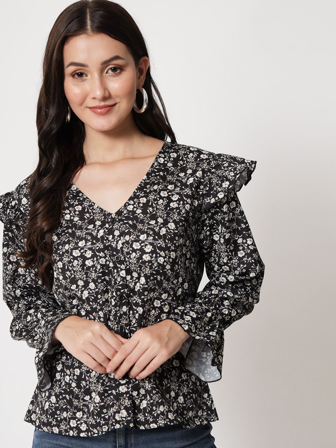 Kotty Floral Print Bell Sleeve Ruffles Crepe Top