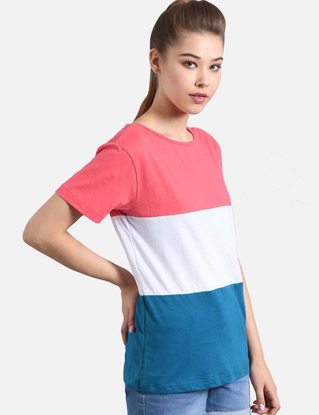 Kotty Women Pink & White Colourblocked Round Neck T-shirt