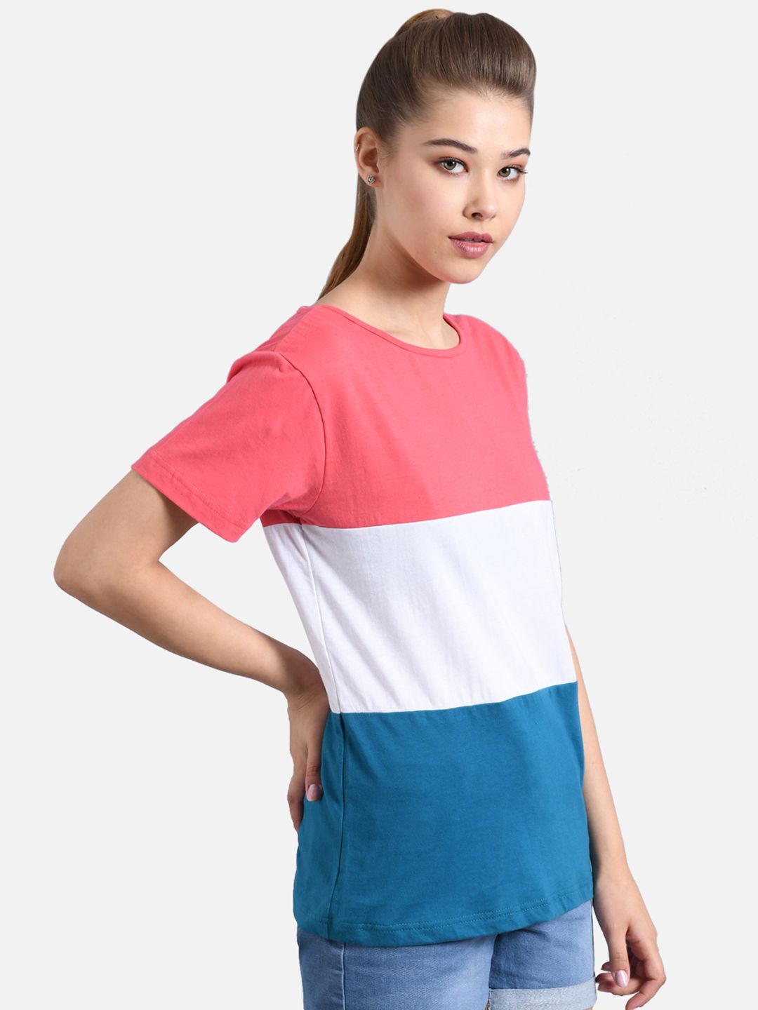 Kotty Women Pink & White Colourblocked Round Neck T-shirt
