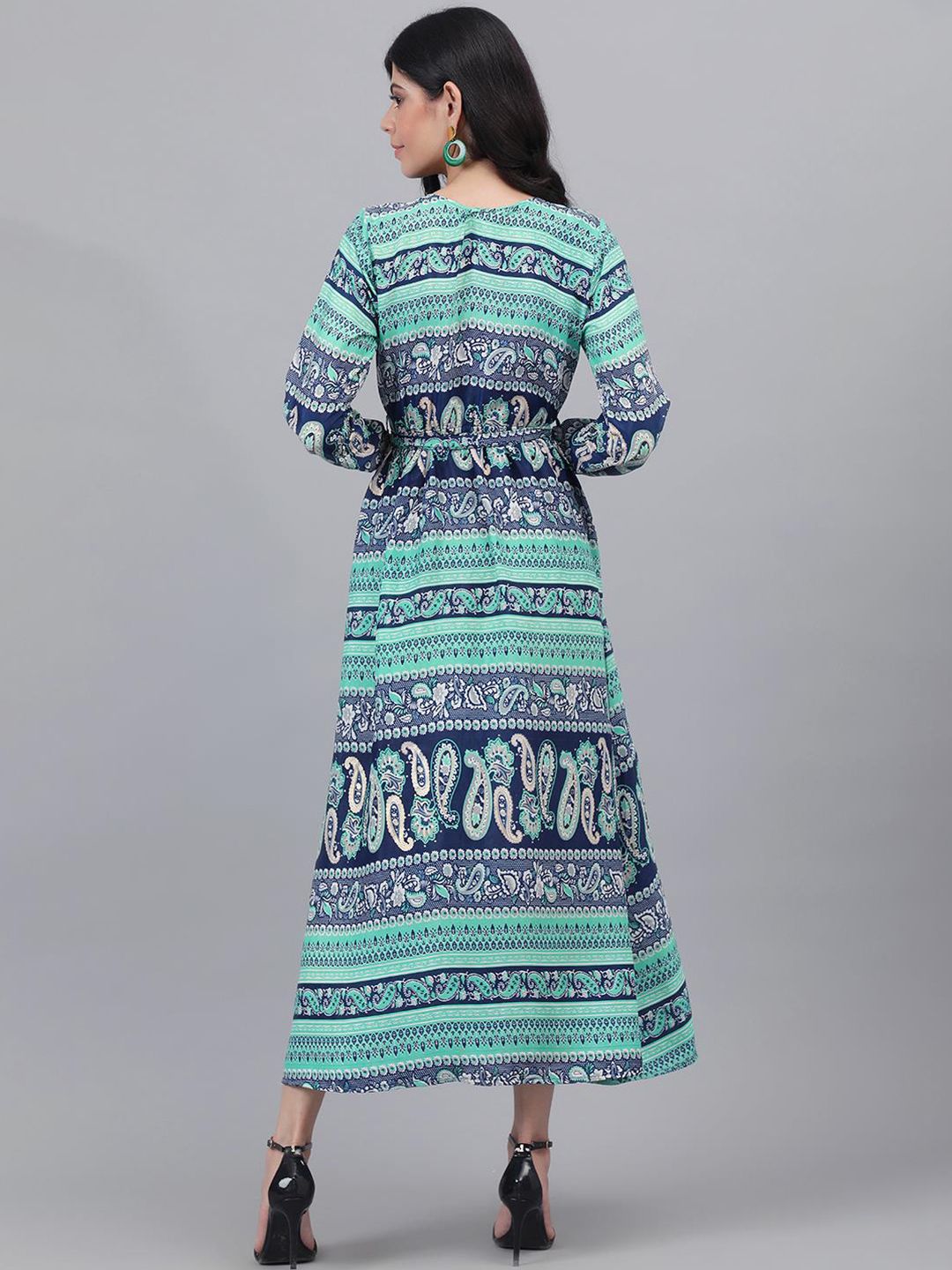 Kotty Blue & Green Ethnic Motifs Printed Wrap Maxi Dress