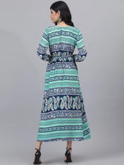 Kotty Blue & Green Ethnic Motifs Printed Wrap Maxi Dress