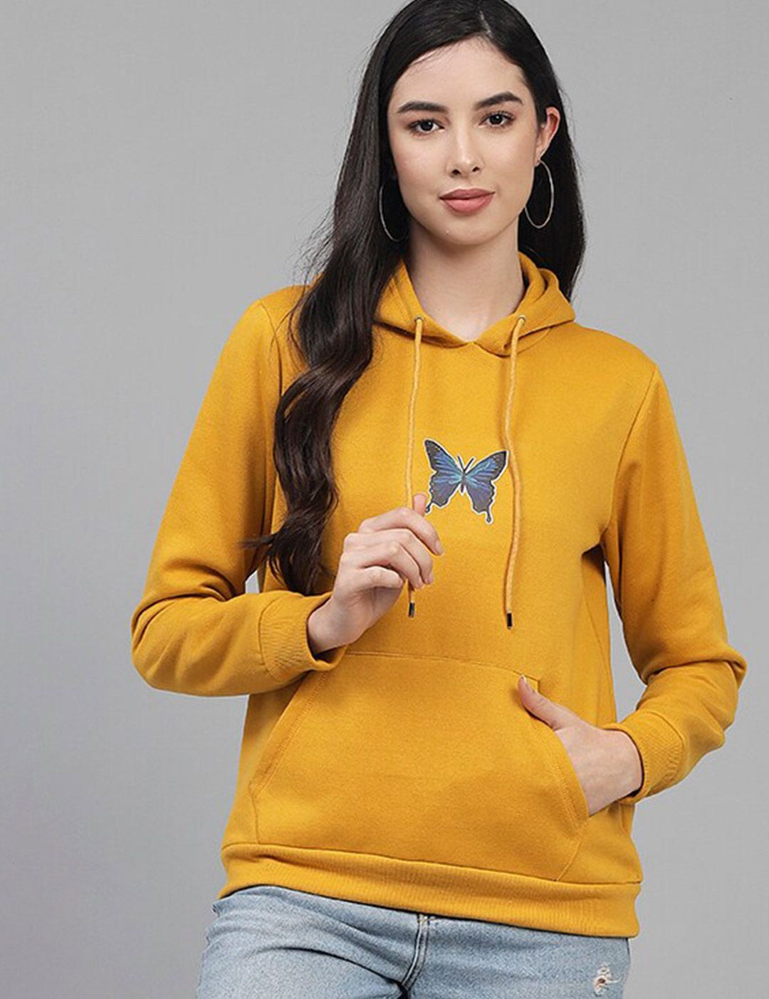 Kotty Women Mustard Printed Hooded Sweatshirt