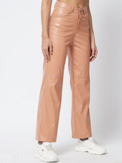 Kotty Women Beige Relaxed Straight Fit PU Leather Parallel Trousers