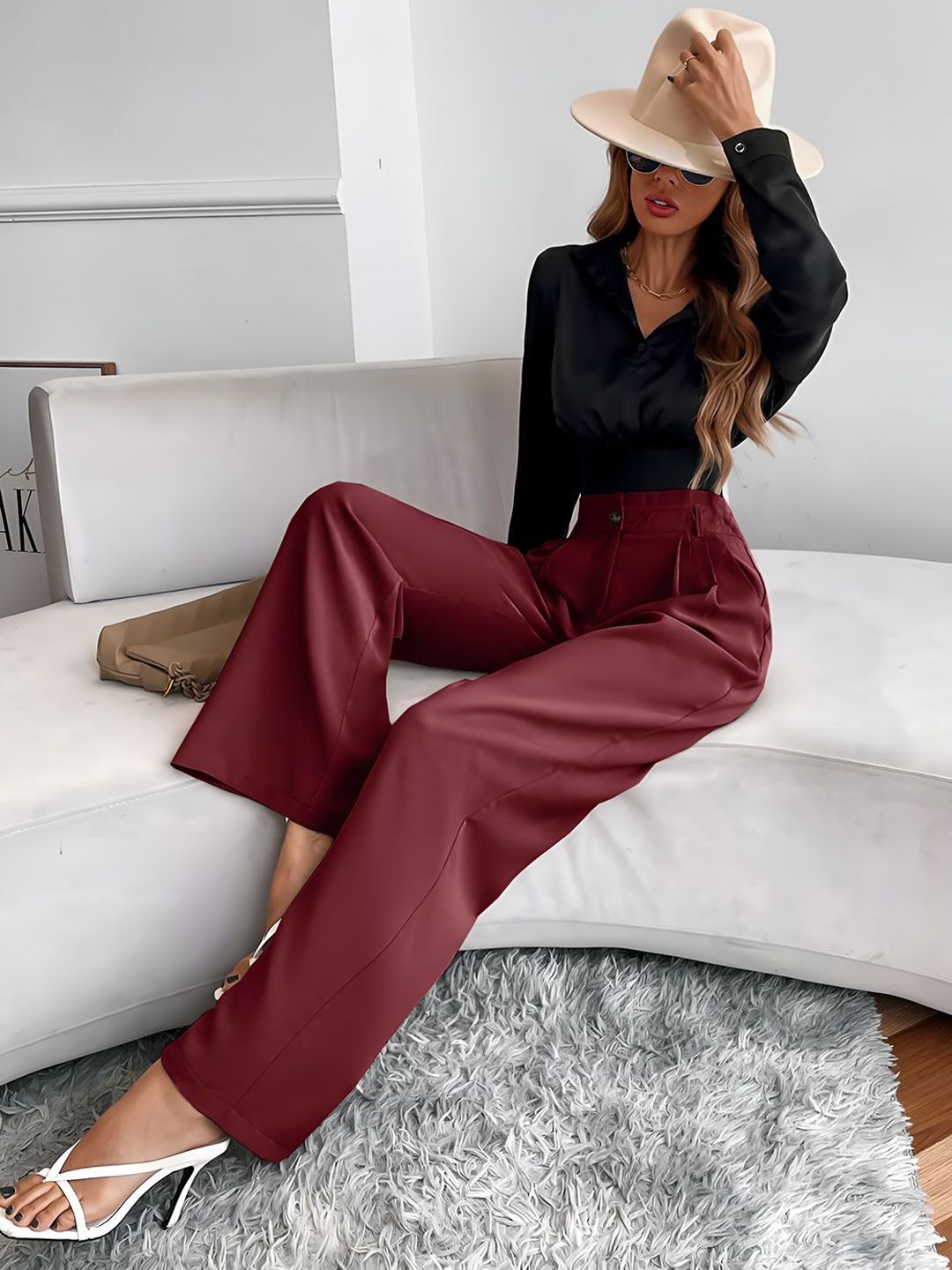 Kotty Women Relaxed Straight Fit High-Rise Easy Wash Pleated Parallel Trousers