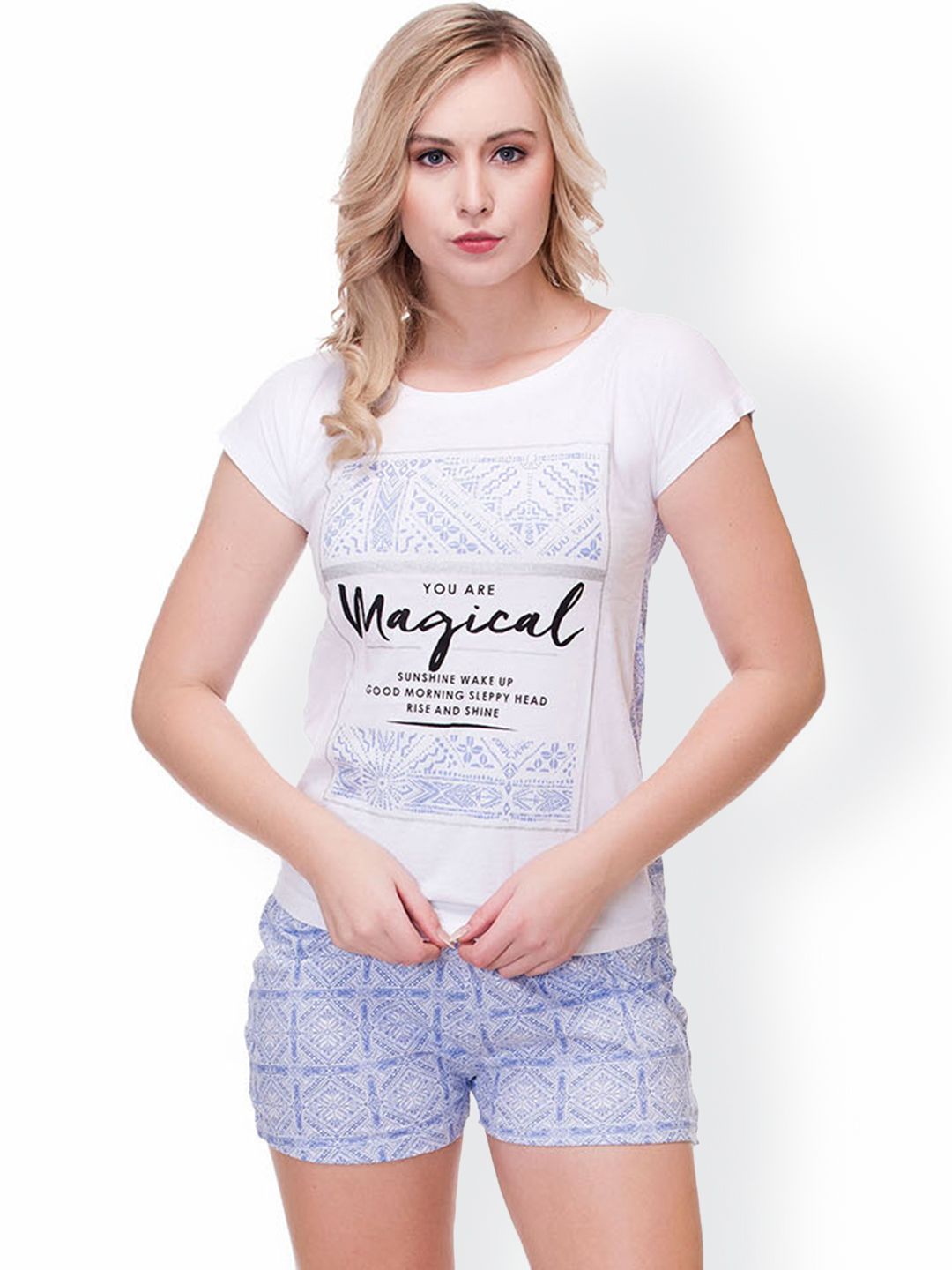 Kotty Womens White and blue Printed lounge set