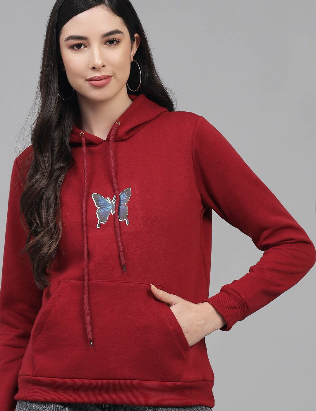 Kotty Women Maroon Printed Hooded Sweatshirt