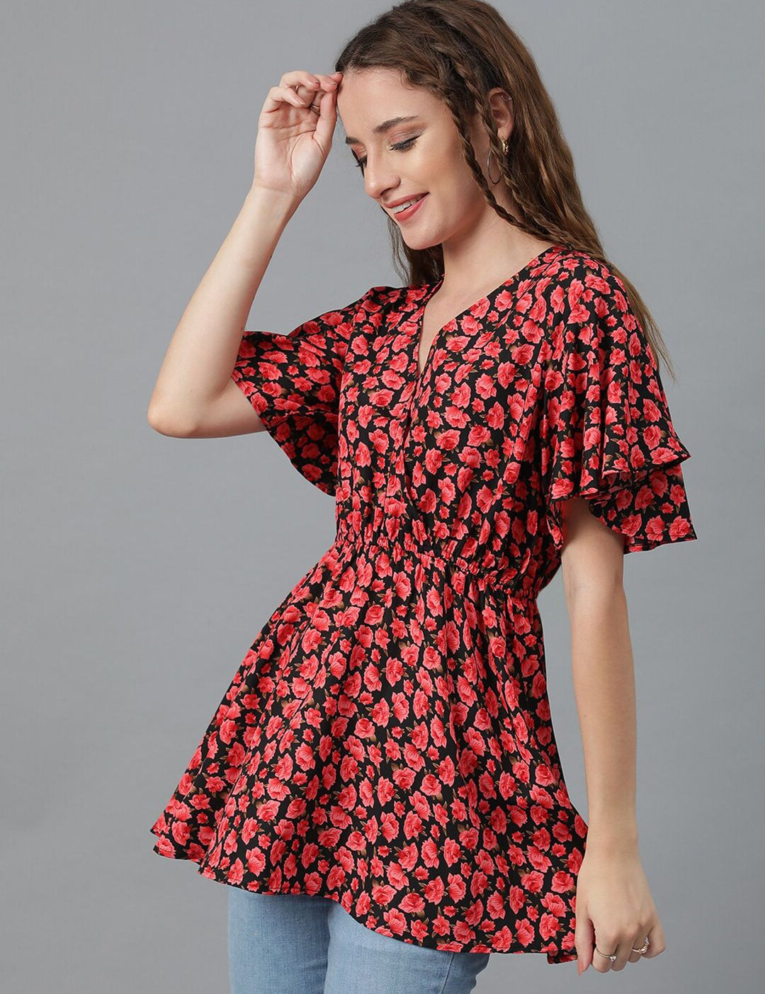 Kotty Red & Black Floral Printed Flared Sleeves Wrap Longline Top