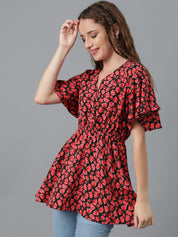 Kotty Red & Black Floral Printed Flared Sleeves Wrap Longline Top
