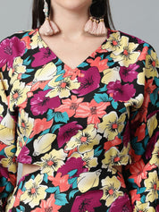 Kotty Floral Printed Cuffed Sleeves Wrap Dress