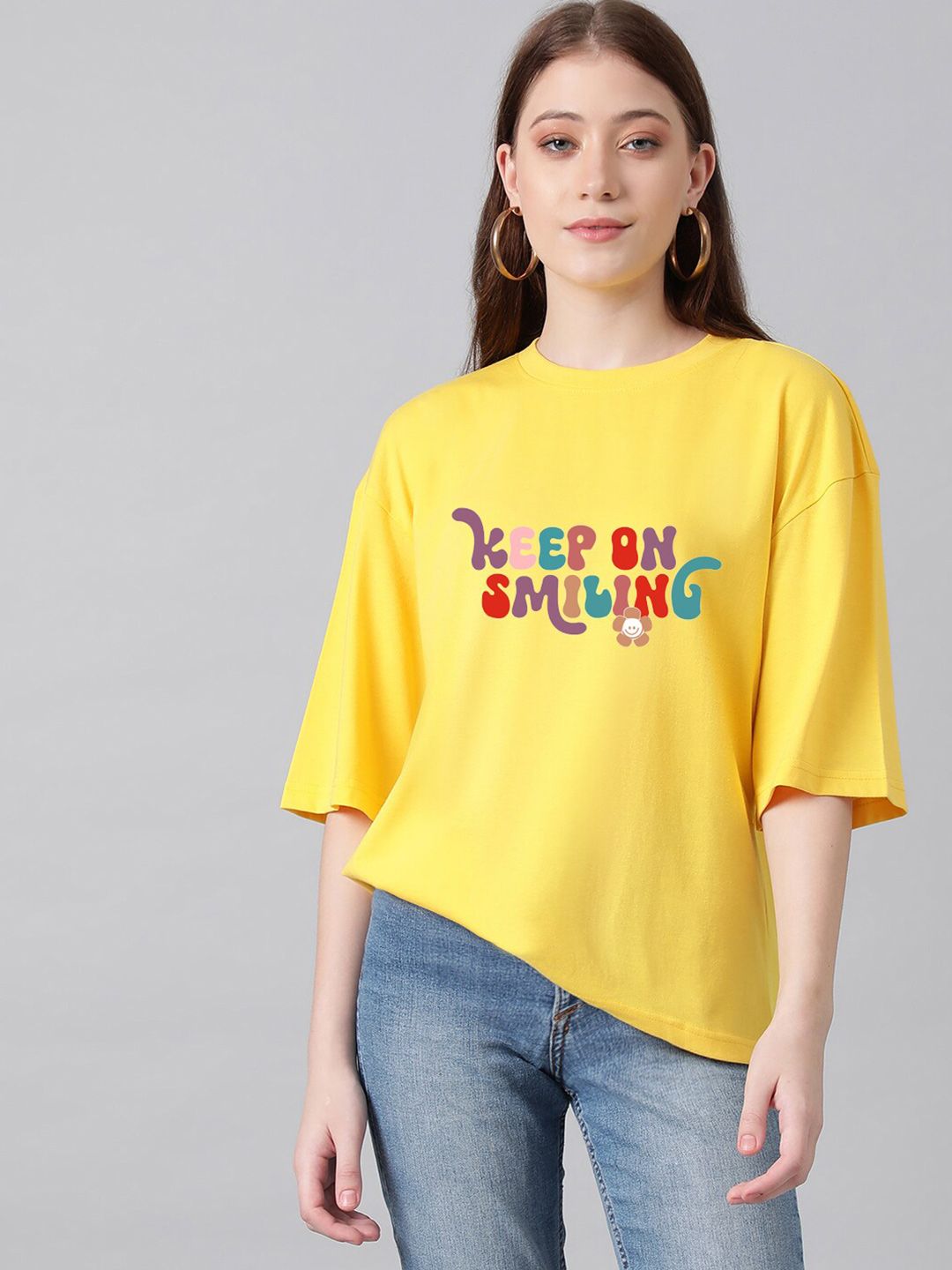 KOTTY Basics Typography Printed Drop-Shoulder Sleeves Oversized T-shirt