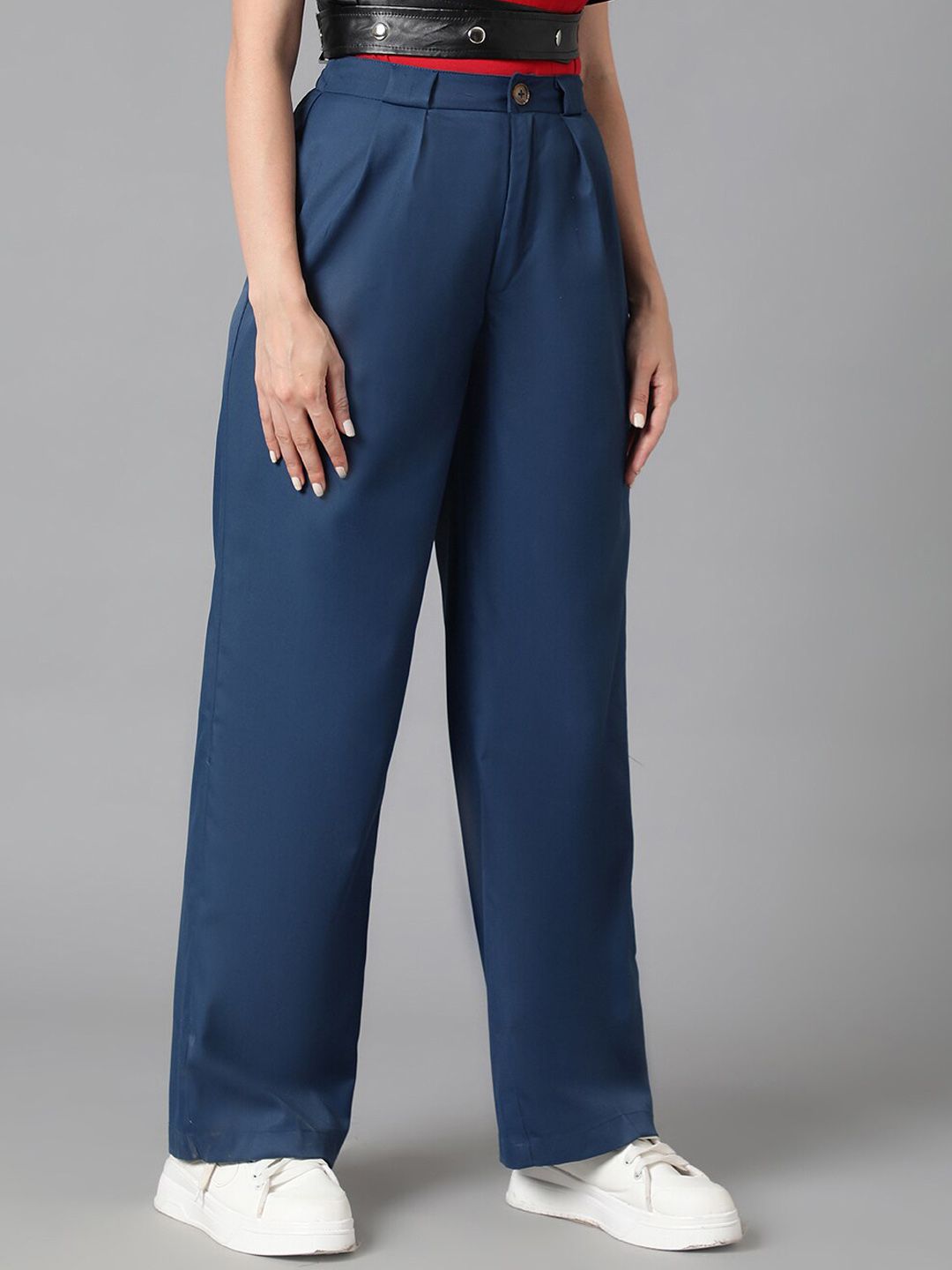 KOTTY BIZwear Women Navy Blue Relaxed Straight Leg High-Rise Easy Wash Pleated Trousers