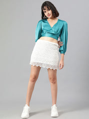 Kotty Satin Puff Sleeve Wrap Crop Top