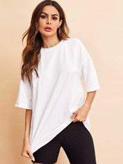 KOTTY Basics White Round Neck Drop-Shoulder Sleeves Cotton Longline Casual Oversized T-shirt