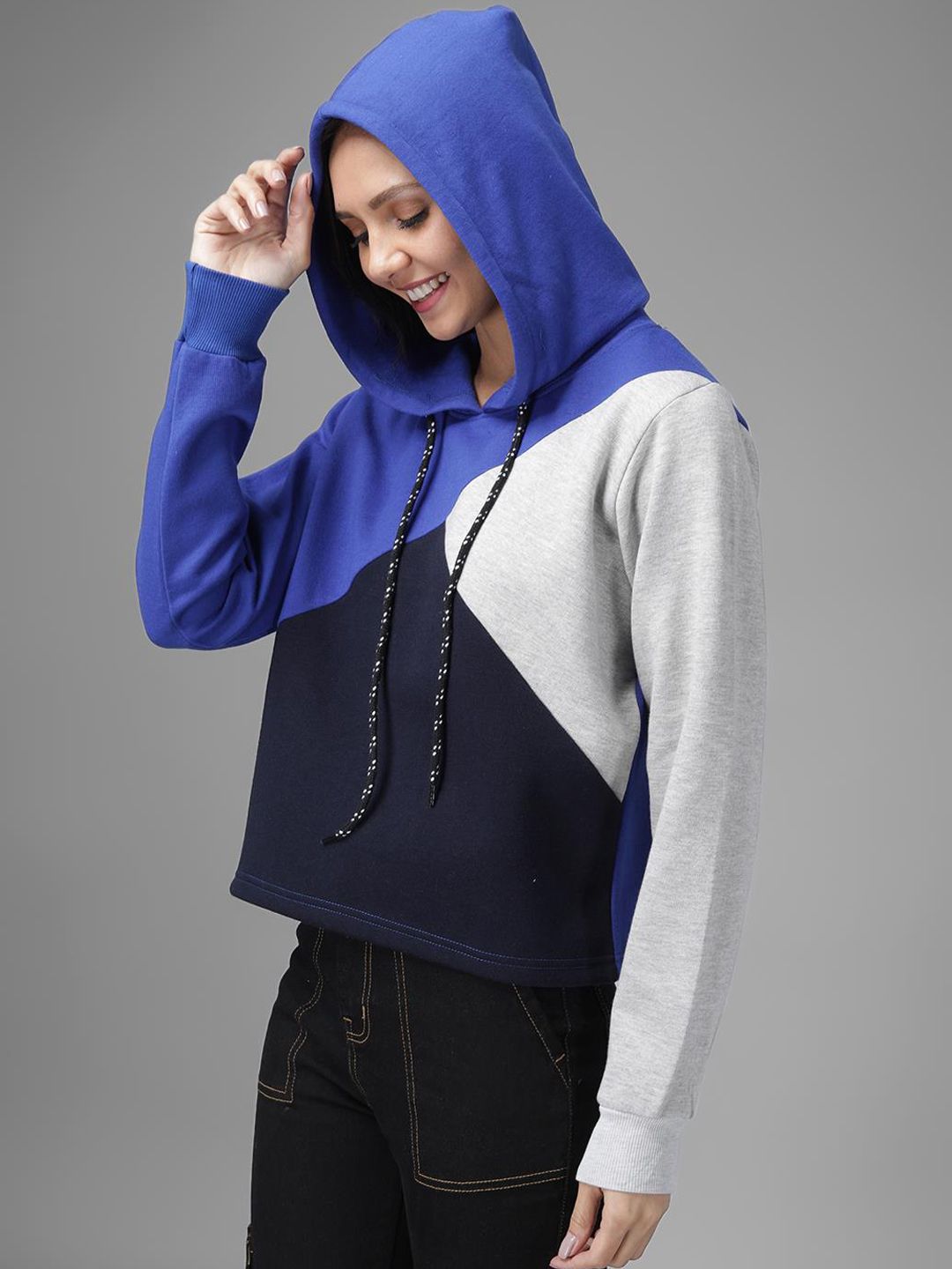 Kotty Women Blue & Black Colourblocked Hooded Sweatshirt