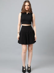 Kotty Black Shirt Collar Fitted Cotton Crop Top