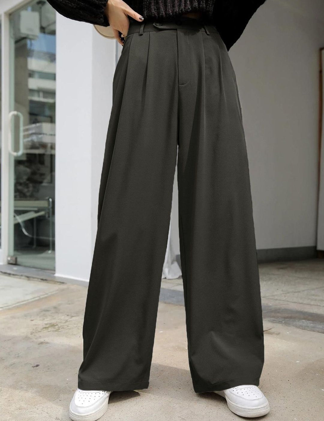 KOTTY BIZwear Women Grey High-Rise Easy Wash Pleated Parallel Trousers