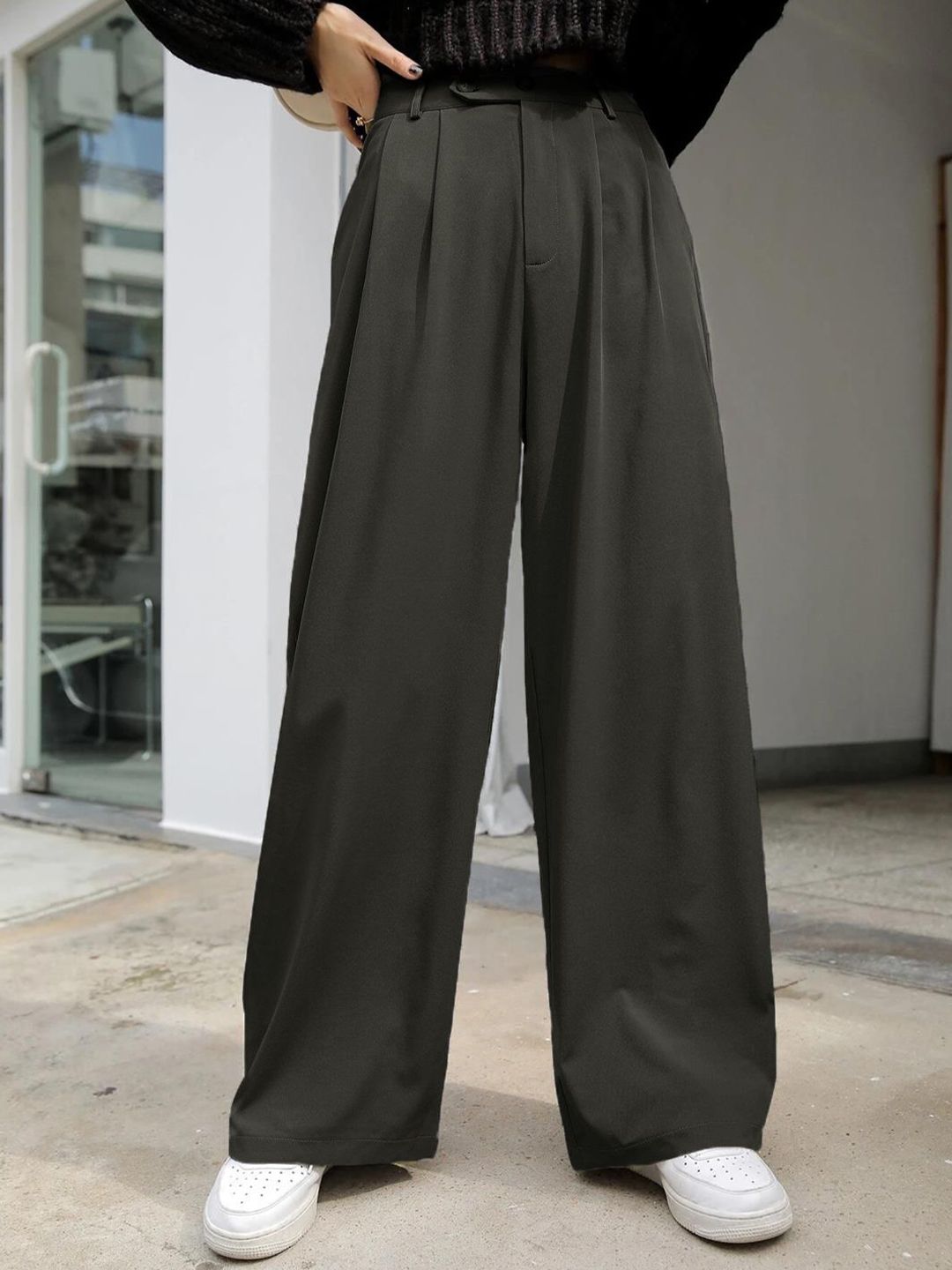 KOTTY BIZwear Women Grey High-Rise Easy Wash Pleated Parallel Trousers