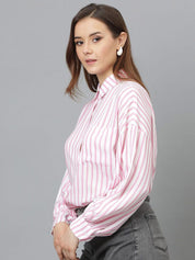 Kotty Women Spread Collar Vertical Striped Cotton Oversized Casual Shirt