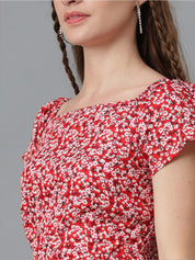 Kotty Red Floral Printed Square Neck Smocked Detailed Fit & Flare Midi Dress