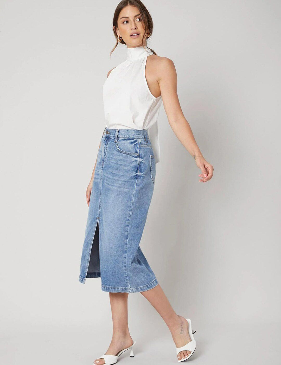Kotty Front Slit A-line Denim Midi Skirt