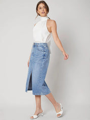 Kotty Front Slit A-line Denim Midi Skirt